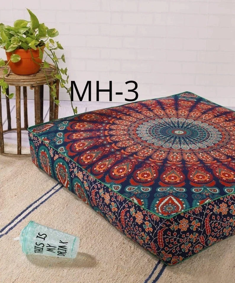 Funda de almohada de piso cuadrado mandala multi pavo real indio de 35" funda de cojín camas para perros Foto 2 de 2