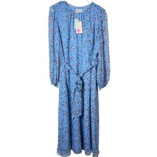 Boden Silk Floral Midi Dress Women 16 Blue Long Sleeve Belted NEW W0334 Spring