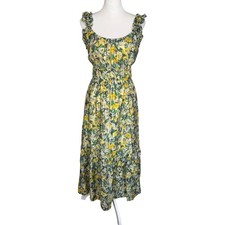 Melloday Floral Smocked Midi Dress Yellow Green Ruffle Strap Size XL