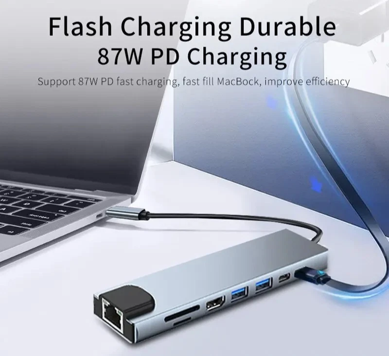 USB-C Hub 8-in-1 Adapter 4K HDMI RJ45 Ethernet USB 3.0 SD TF Card Reader PD - Image 4 of 4