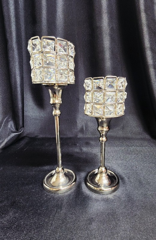 Pair Of Modern Chrome And Crystal Candle Holders, 11" And 8.5" Tall