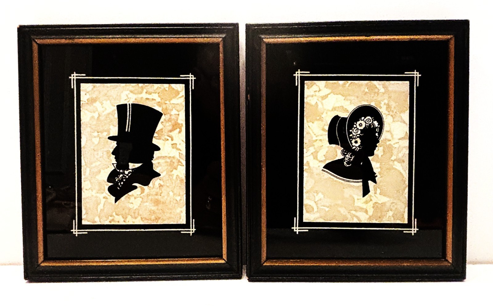 PAIR 1930’s Reverse Painted Silhouette on Glass Colonial Man & Girl