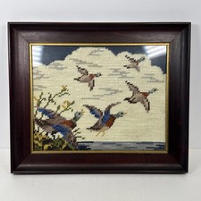 Vtg Victorian Wood Framed Picture Needlepoint 12.5in x 10.5in Flying Duck