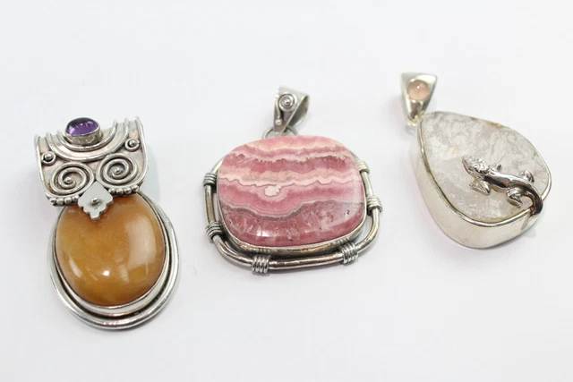 12 Sterling Silver Gemstone Pendants Rhodochrosite Rose Quartz Amethyst x 3