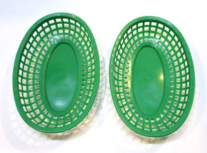 Two 1960s USA Green Plastic 6x9 Oval Hamburger Frys Chip Vintage Serving Baskets