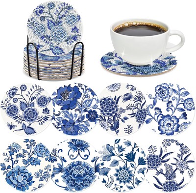Blue Flower Diamond Art Coasters - 8 Pcs Painting Floral 