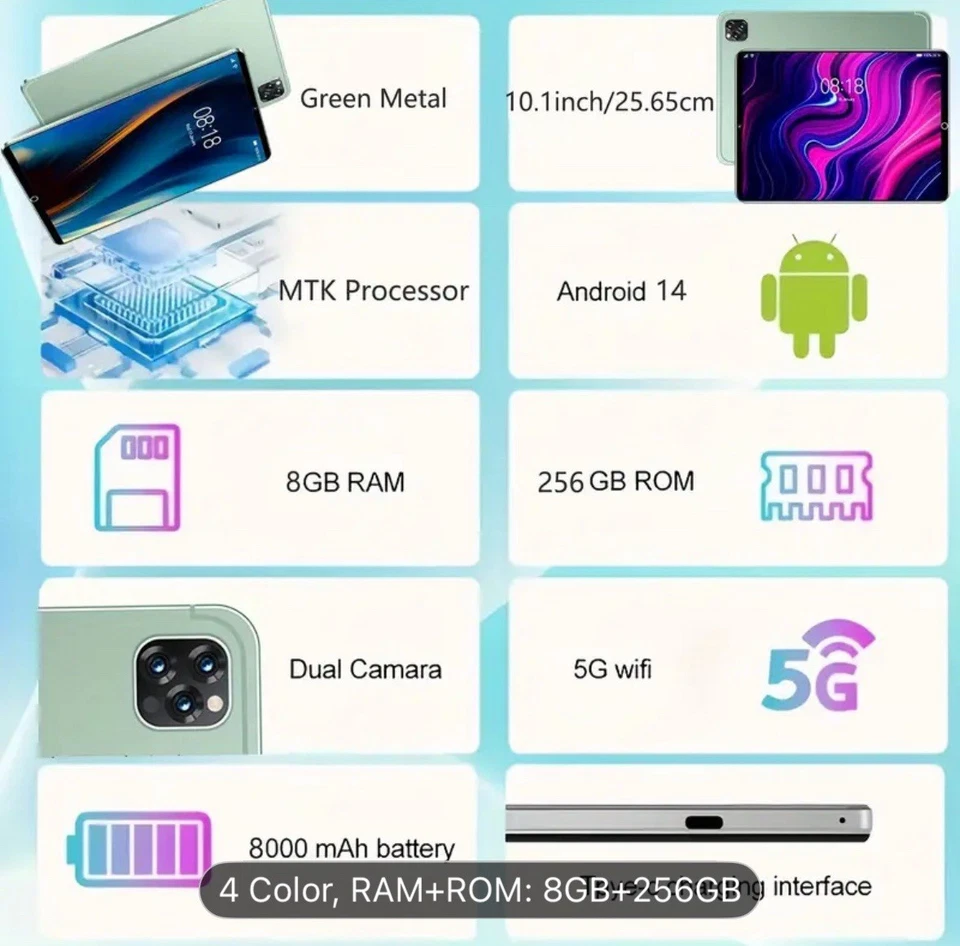 Q7 Latest 2025 Android 14 10.1 Inches 8GB+ 256GB HD Smart Tablet Building Camera - Image 3 of 4