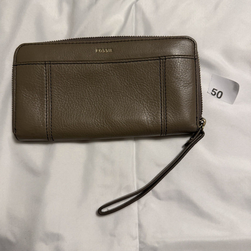 Fossil Brown Zip-Around Wristlet Wallet w/ Wrist Strap Logo Credit Card