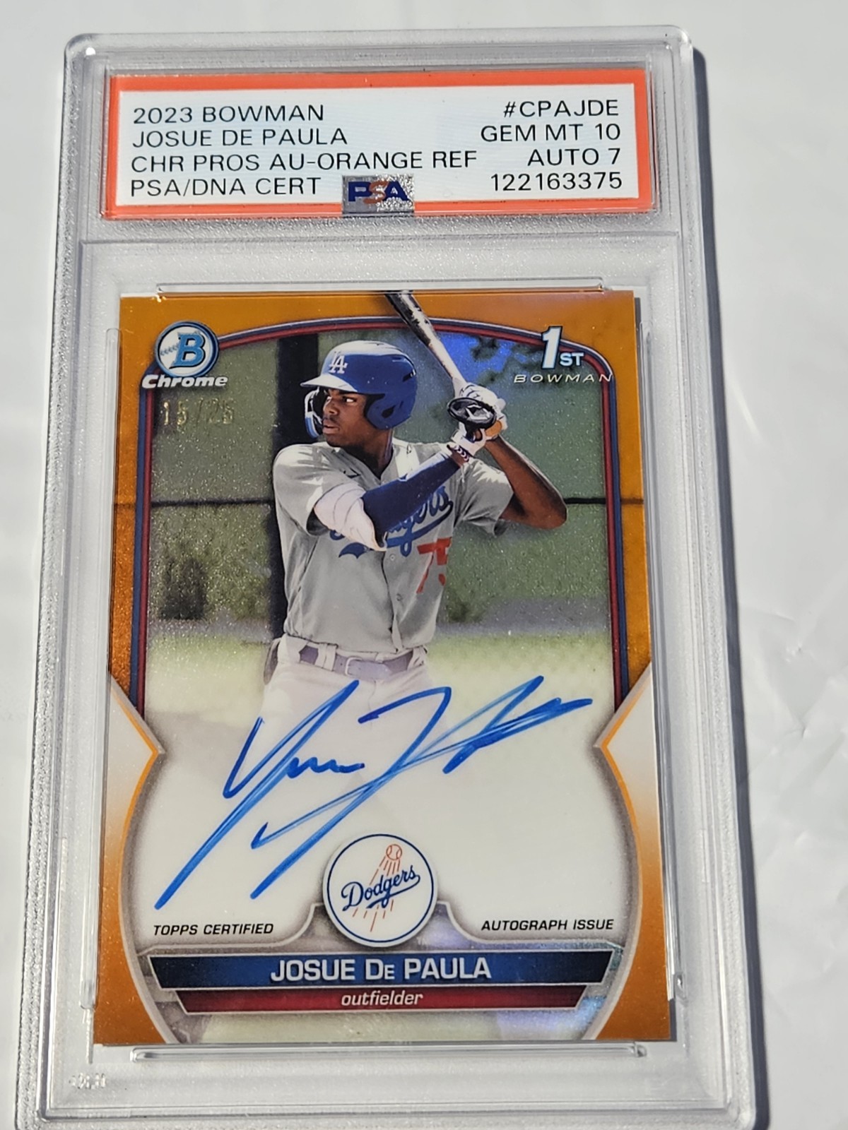 Josue De Paula 2023 Bowman Chrome Orange Refractor 1st Rookie RC Auto /25 PSA 10