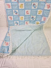 Vintage Care Bears Hand Sewn Quilt Flannel Back Baby Blanket 62" X 42" Blue