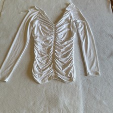 GUESS Ruched Top Womens Size M White Bodycon V Neck Zip Long Sleeve Party NWT
