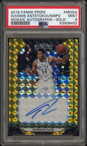 2018-19 Panini Prizm Mosaic Gold Giannis Antetokounmpo MO-GA 5/10 PSA 9 Auto