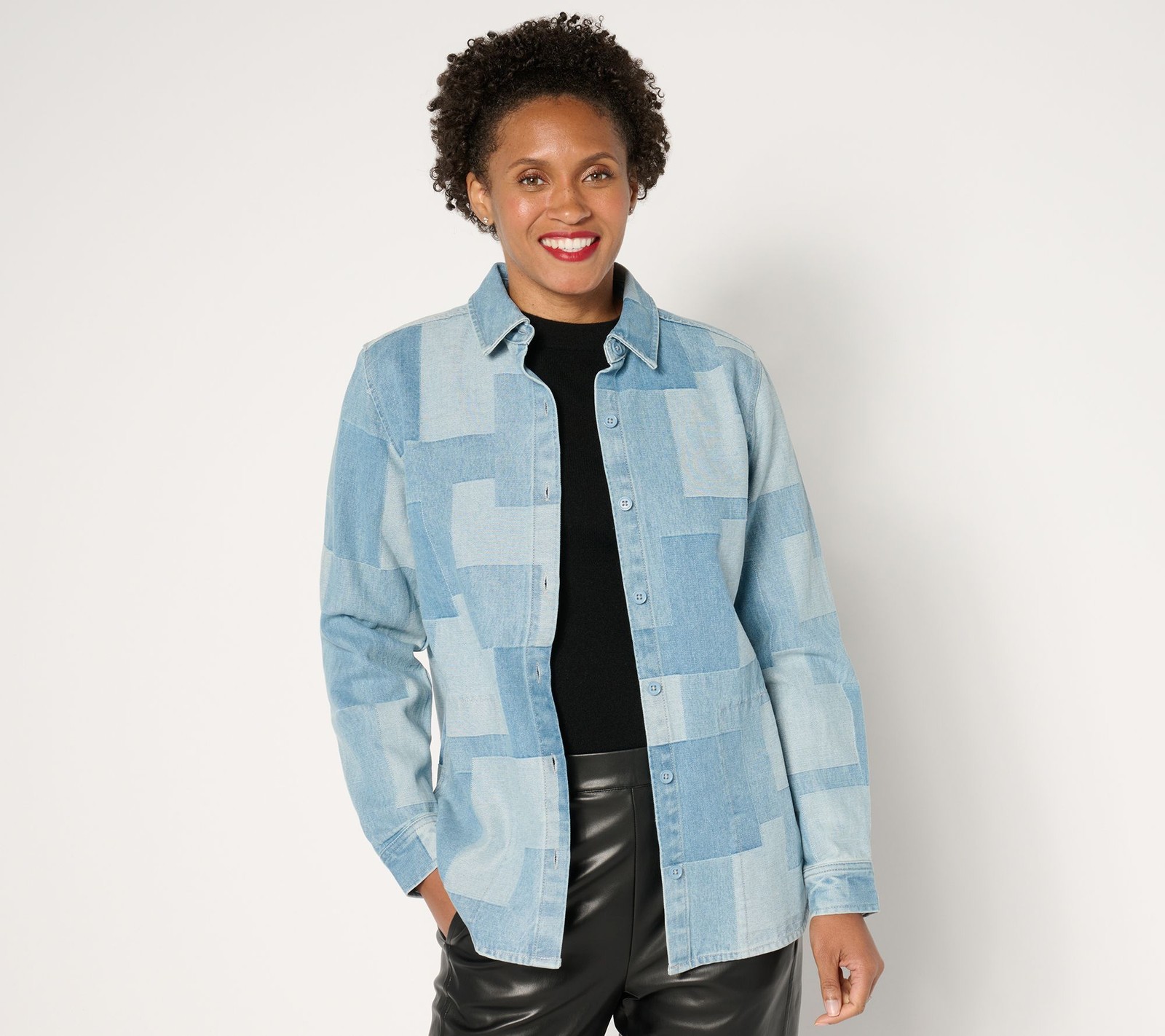 Liberare Women's Jacket Sz XS Cotton Denim Patchwork Shirt Blue A668329