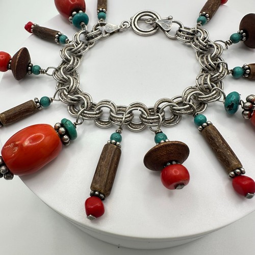 Southwestern 925 Sterling Silber echte rote Koralle Türkis Bettelarmband - Bild 3 von 9