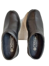 Pothia Womens 38 (7.5)  Clogs Black Leather Slip On  Shoes