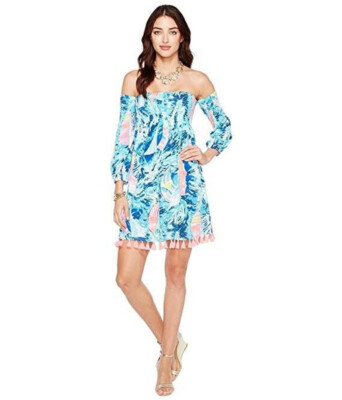 Lilly Pulitzer Trina Beach Mini Dress Smocked Resort Off Shoulder XS Hey  Bay Bay | eBay