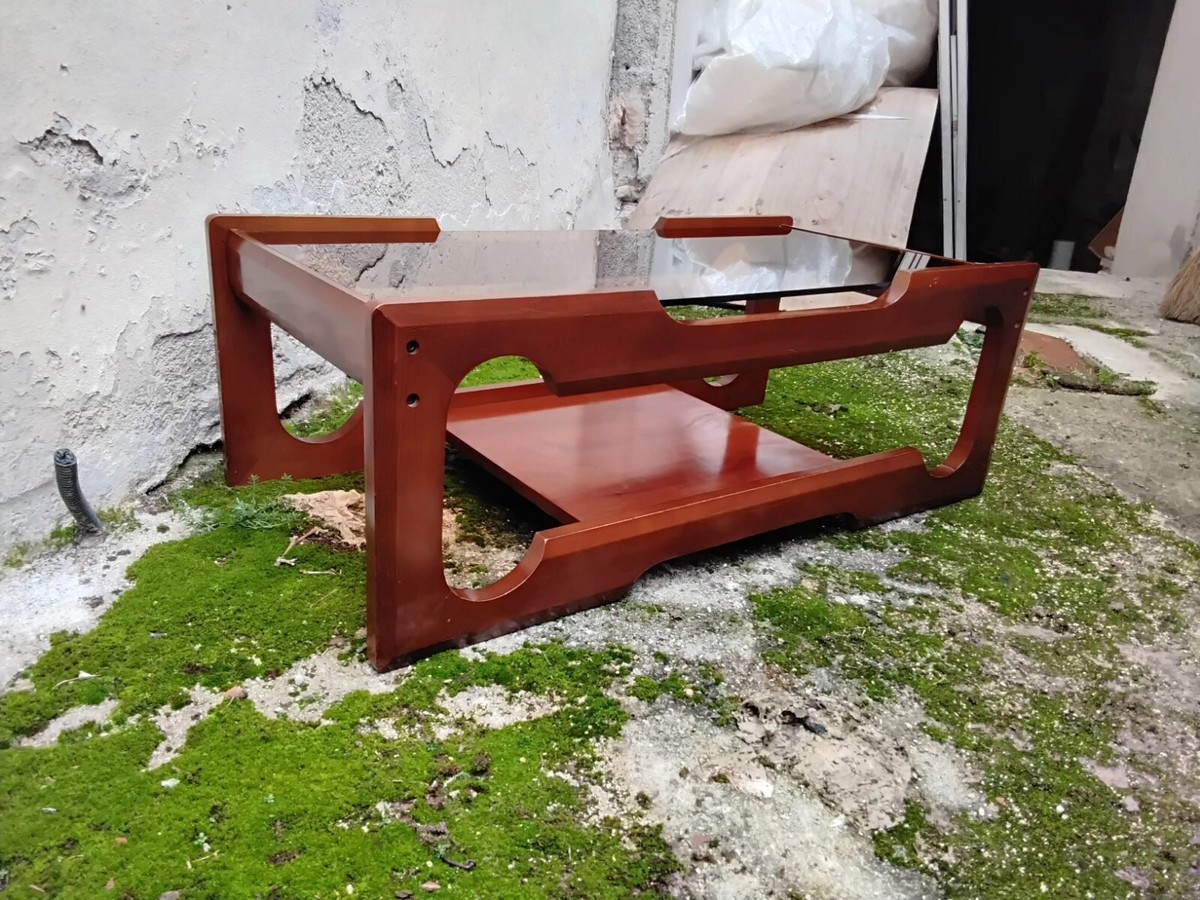 SPACE AGE VINTAGE COFFEE TABLE WOOD & TOP FUMÈ GLASS ITALY 1970s