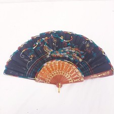 Chinese Hand Fan Peacock Design with Flowers Stitched Folding Fan Gold Tone