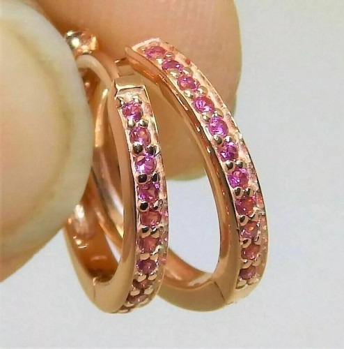 Women Hoop Earring 14k Rose Gold Plated 2Ct Round Cut LabCreated Pink Sapphire - Picture 2 of 4