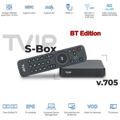 TVIP S-Box v.705 BT IPTV 4K HEVC HD Multimedia Streamer 5Ghz Wlan