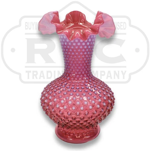 Vintage Fenton Hobnail Vase Cranberry Opalescent With Ruffed Edges 11" tall