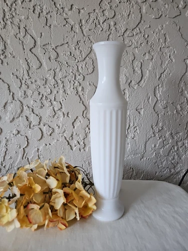 Vintage Milk Glass Bud Vase 10" Ribbed
