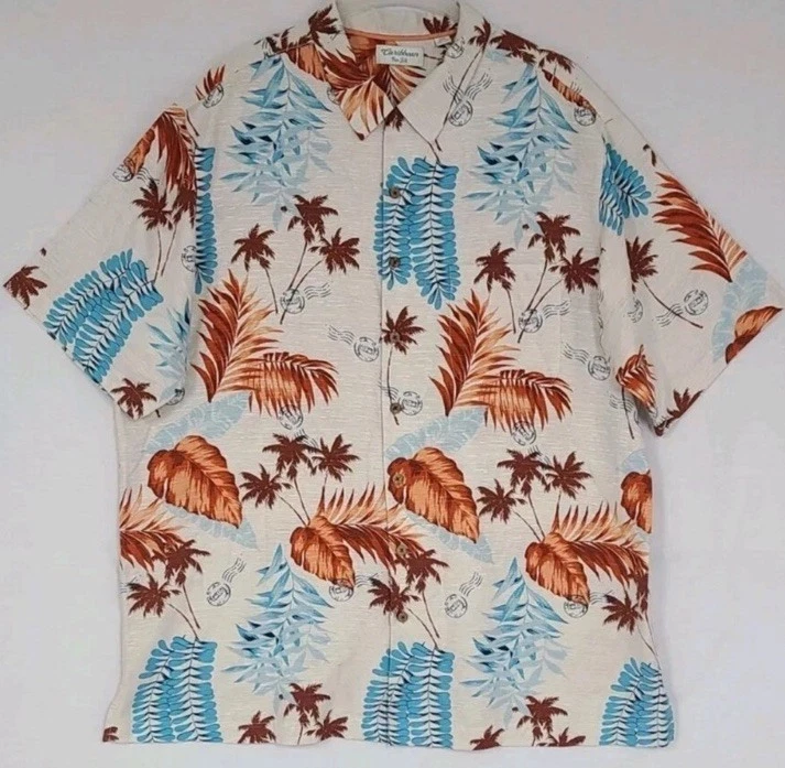 Caribbean Pure Silk Men's Floral Hawaiian Shirt Beige Blue Brown L Short Sleeve