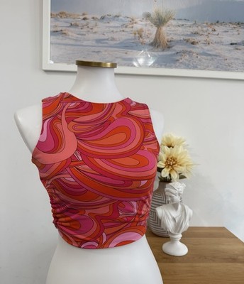 OLIVACEOUS Women s Retro Psychedelic Crop Top Pink Orange Sleeveless Open Back
