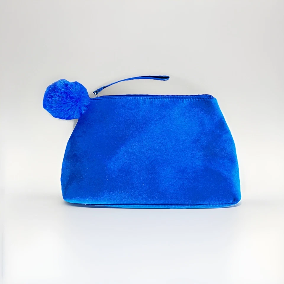 LANCOME FAUX SUEDE ELECTRIC BLUE ZIPPER Cosmetic Bag W/FAUX FUR PULL NEW - Image 3 of 4