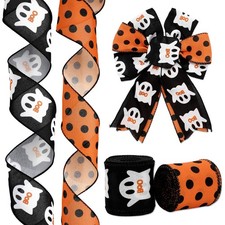 Halloween Wired Edge Ribbon 2.5 Inch 20 Yards Orange Black Ghost Dots Ribbon Spo