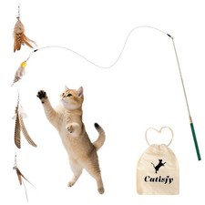 Cat Wand Toy Retractable 4 Feather Refills Indoor Cat Enrichment Interactive