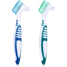 Double Sided Denture Brush with Multi-Layered Bristles Rubber Handle Blue Green