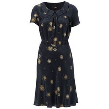 NW3 Hobbs Dandelion Dress dark navy tea dress with belt 100% silk Size 10 vgc