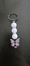 Handmade Pink Butterfly Beaded Keychain - Rhinestone Accent Boho Cute Bag Charm