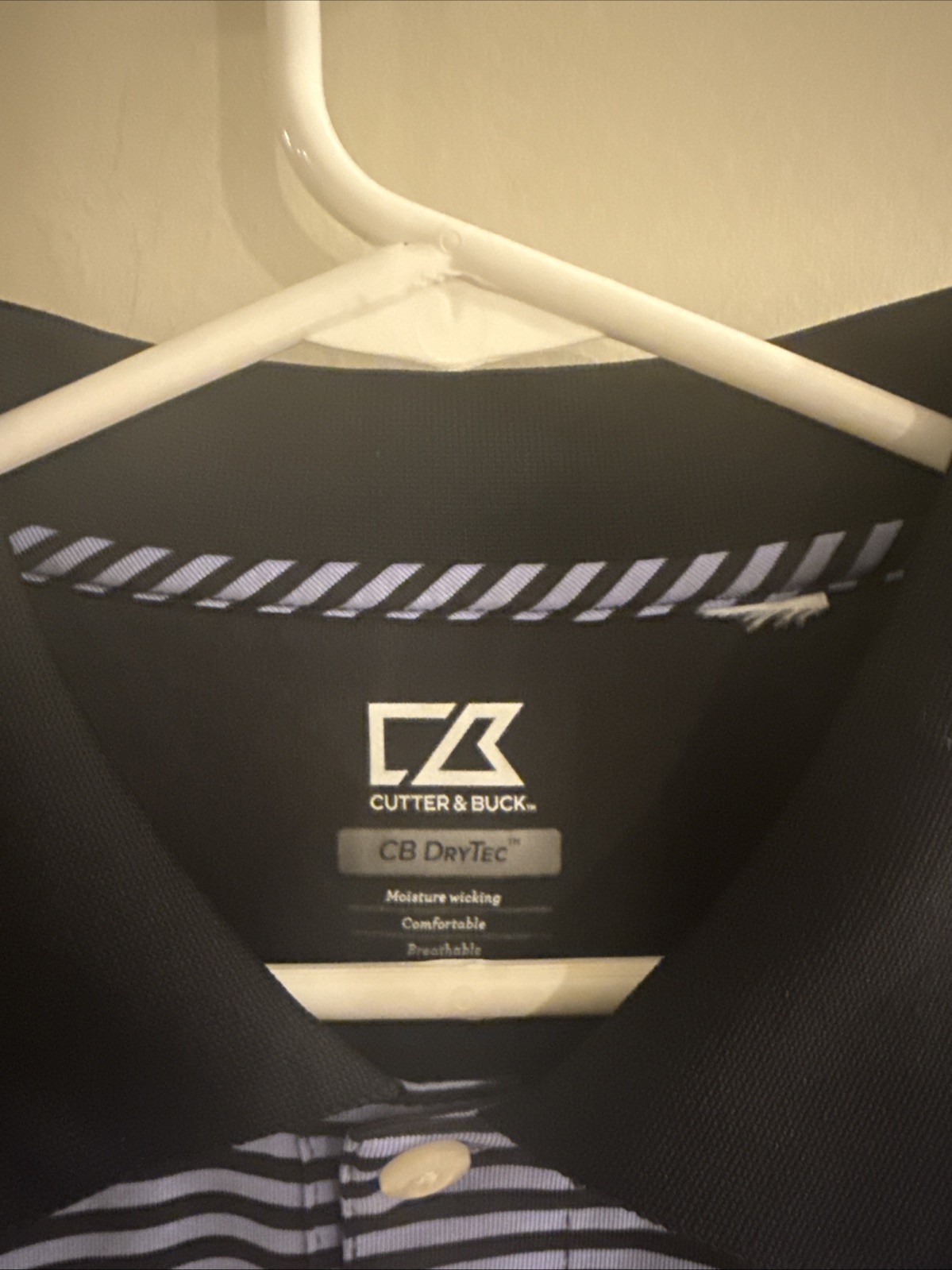 Cutter & Buck CB Drytec Polo Men’s Size XL Black Purple Stripes Mositure Wicking