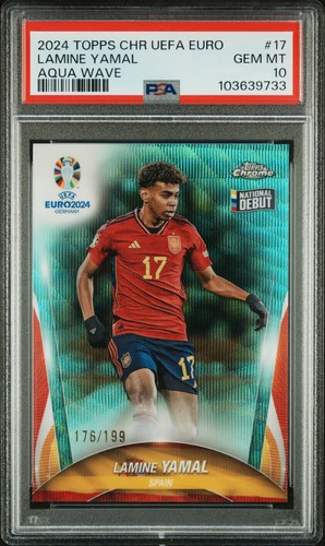 2024 TOPPS CHROME UEFA EURO AQUA WAVE #17 LAMINE YAMAL ROOKIE RC /199 PSA 10
