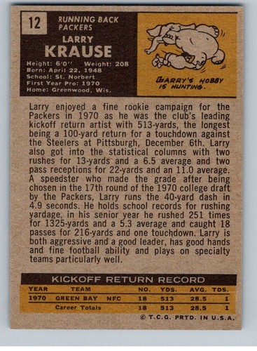 1971 Topps Football Set-Break #12 Larry Krause Packers *WSC* - Picture 2 of 2