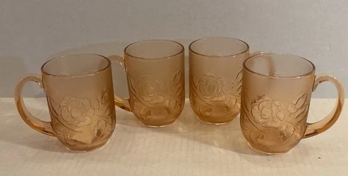 Arcoroc Vintage Rosaline Pink Rose Glass Mugs Set of 4
