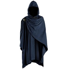 HiiFeuer Medieval Corduroy Hooded Cloak, Renaissance Casual Cape Large, Blue