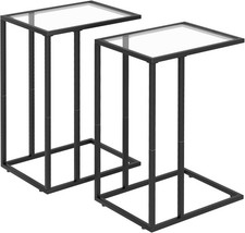 C Shaped End Table Set of 2, Sofa Couch Side Table, Tempered Glass Sna