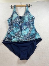 Jantzen Women Sz 14 Paisley Flower Print Surplice One-Piece Swimsuit Blue Tie