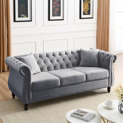 Chesterfield 3 Seater Sofa Grey Velvet Tufted Couch with Rolled Arms & Nailhead - Picture 16 of 18