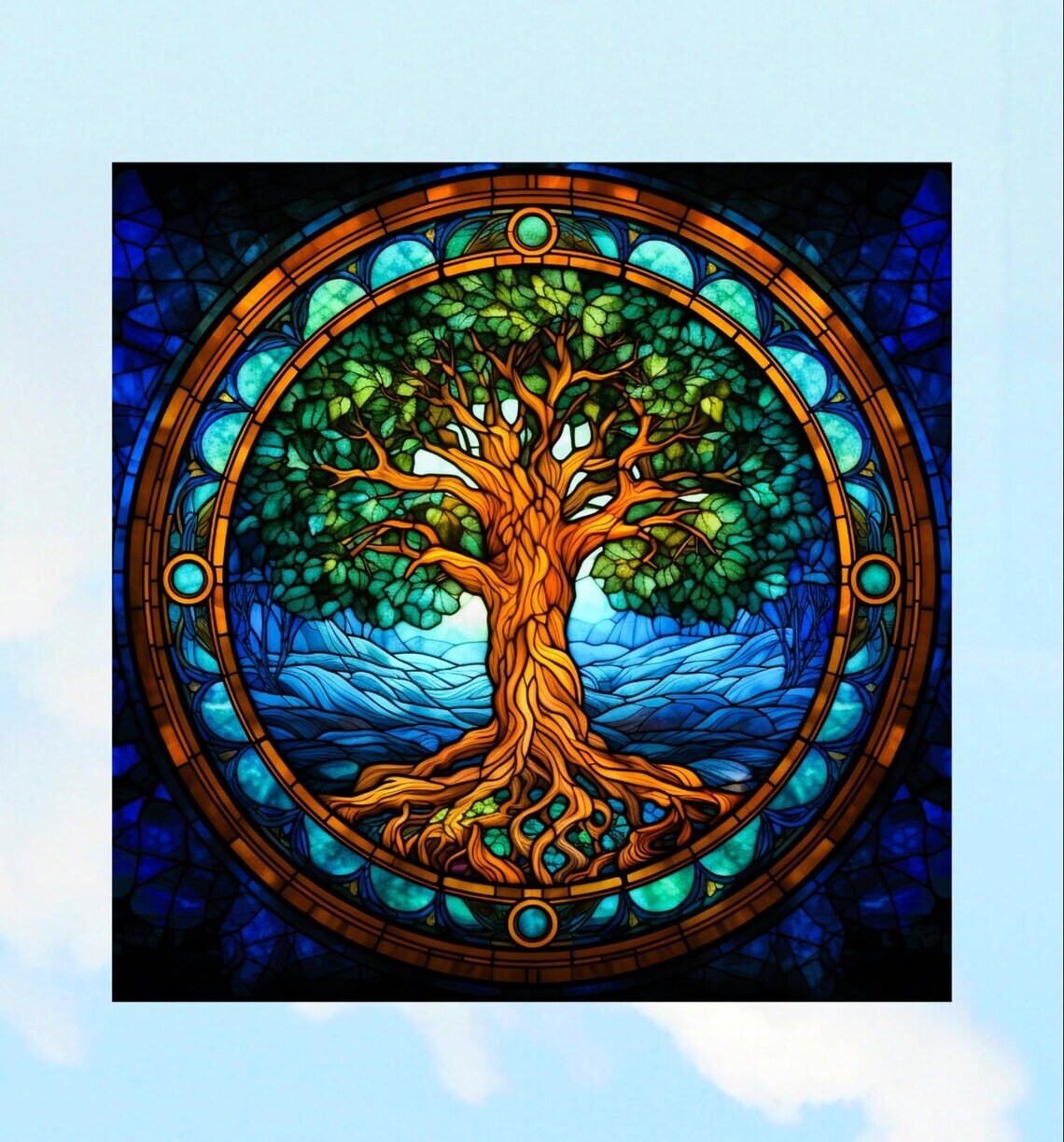 Tree of Life Faux Stained-Glass WINDOW CLING Size 8" Square Repositionable Vinyl