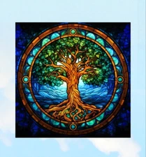 Tree of Life Faux Stained-Glass WINDOW CLING Size 8" Square Repositionable Vinyl