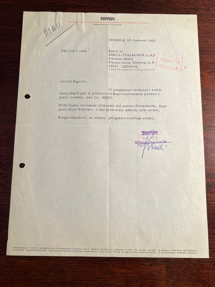 1969 Ferrari SEFAC signed letter by Enzo Ferrari - Scuderia F1 team