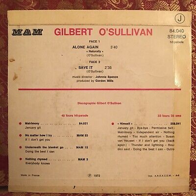 Gilbert O'Sullivan 45 RPM Save It / Alone Again (Naturally)