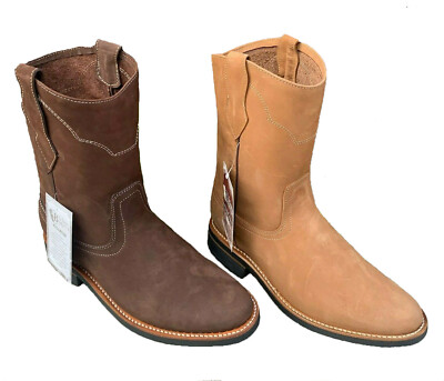 MEN'S WORK BOOTS GENUINE NUBUCK LEATHER PULL ON TAN / MOCA SAFETY WESTERN BOTAS