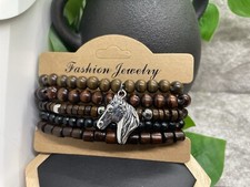 5 PC Handmade Boho Wood Bead Stackable 7  Plus Stretch Charm Bracelet Set B4032