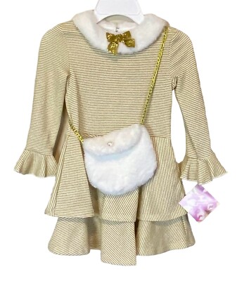 blueberi boulevard dresses gold Little Girls Trimmed Lurex-Stripe Dress/Purse Set $68 rental