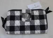 VERA BRADLEY RFID Turnlock & Zip Around Wallet - Pearl Buffalo Check Black - NWT